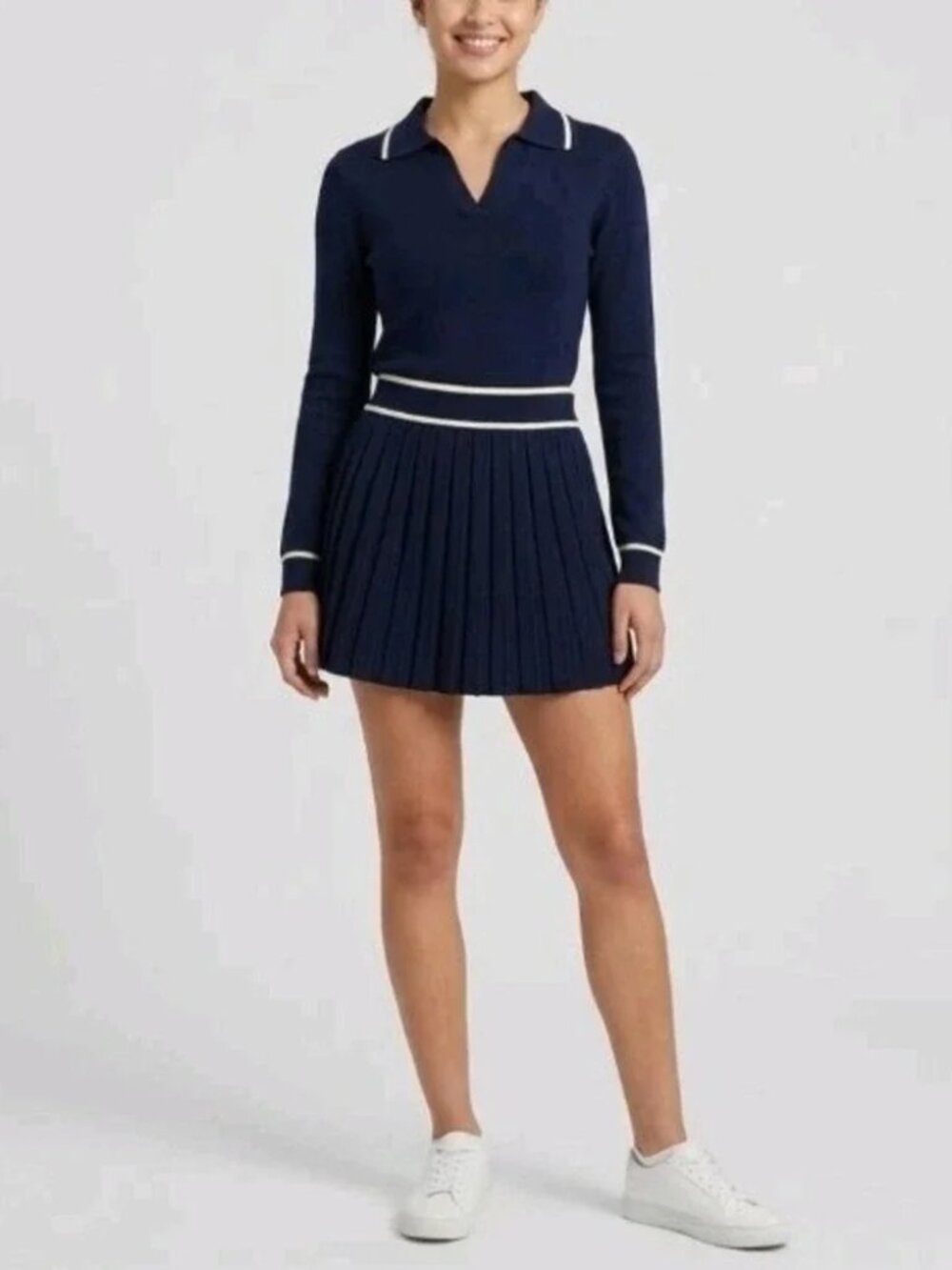 Willow & Wind Navy Blue Knit 2-Piece‎ Set - Pleated Mini Skirt & Polo Sweater S